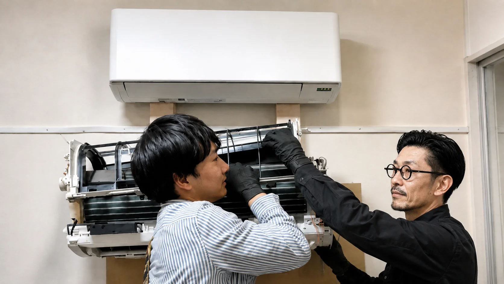 講師が実際の現場でエアコン完全分解をしている様子